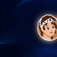 Illustrierte KI-Assistentin Luise mit Haarband und pinker Sprechblase vor dunkelblauem, digitalem Wellenhintergrund